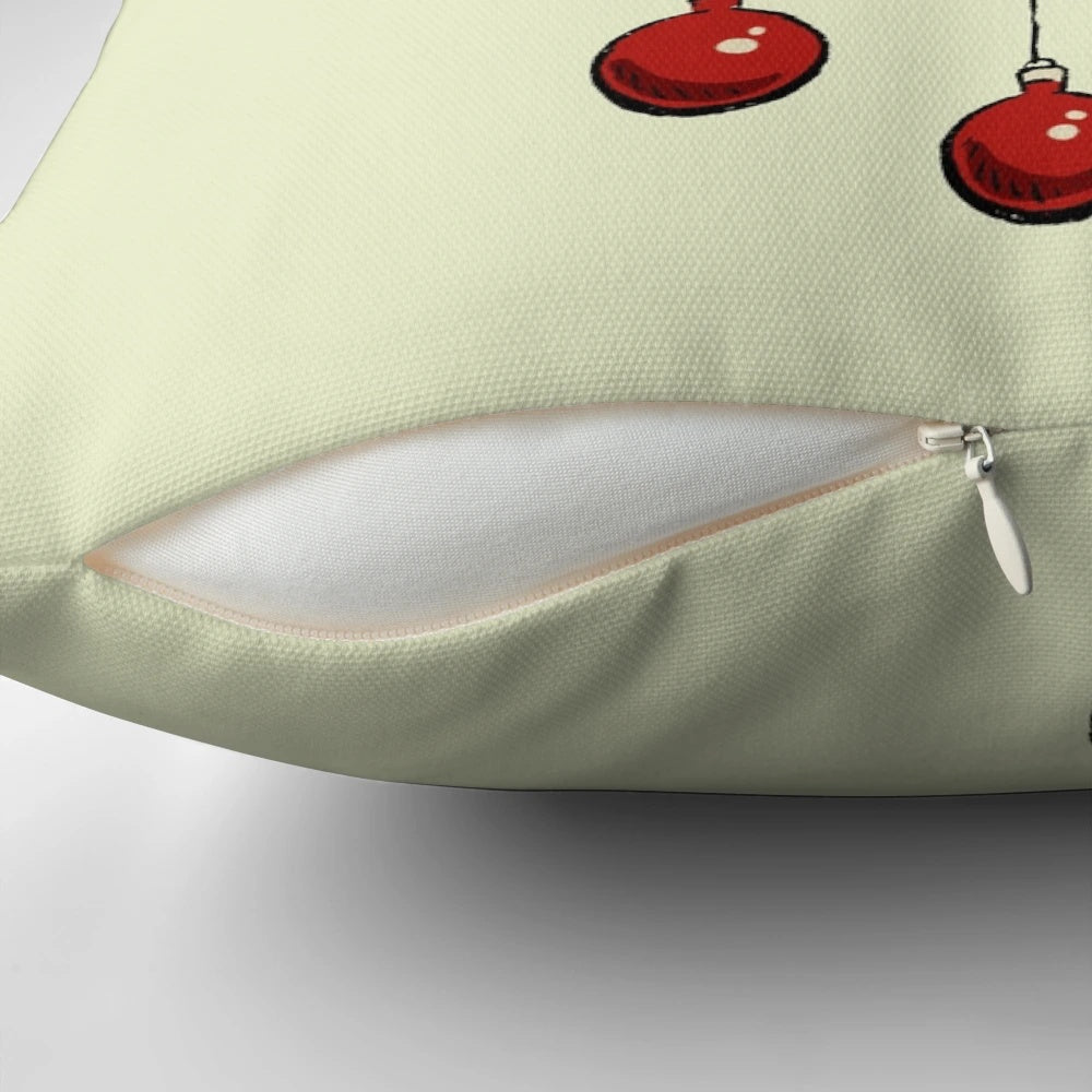 A whimsical illustration of a cephalopod creature adorning a Christmas tree, printed on a cozy throw pillow.