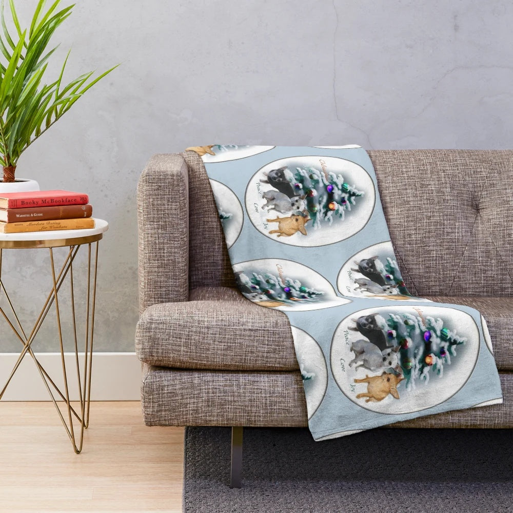 Chihuahua trio plush blanket featuring three cute chihuahuas in festive holiday attire