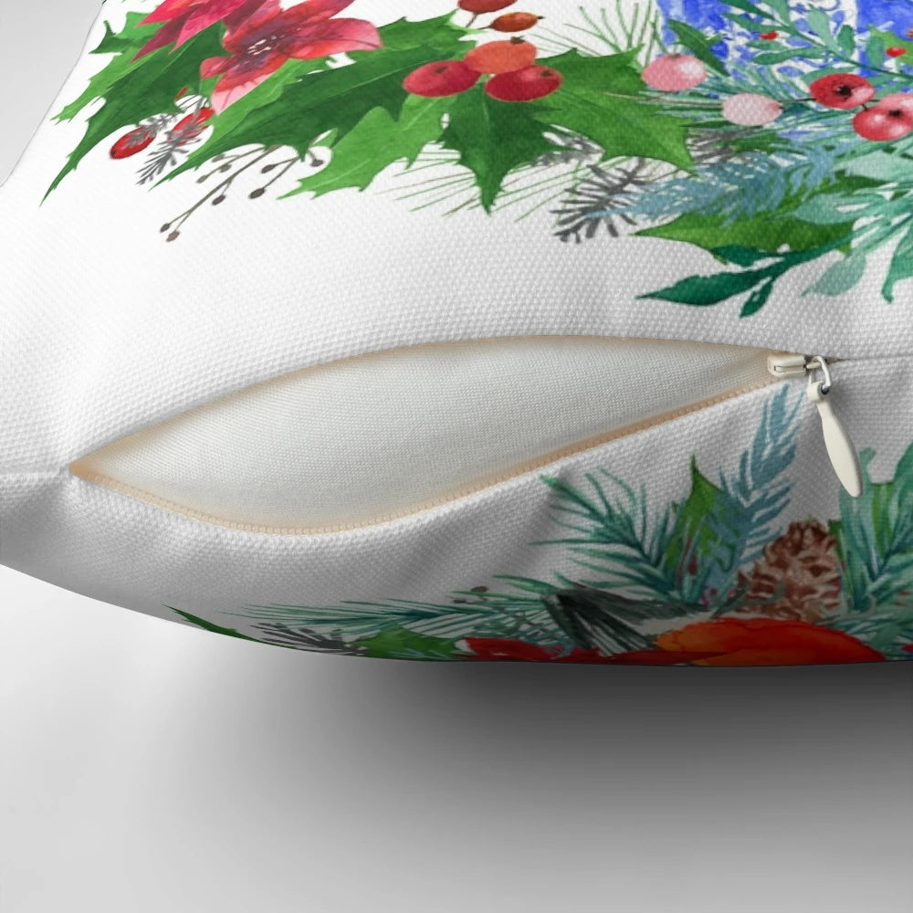 Chinoiserie-style Christmas wreath featuring a blue and white porcelain ginger jar and poinsettias