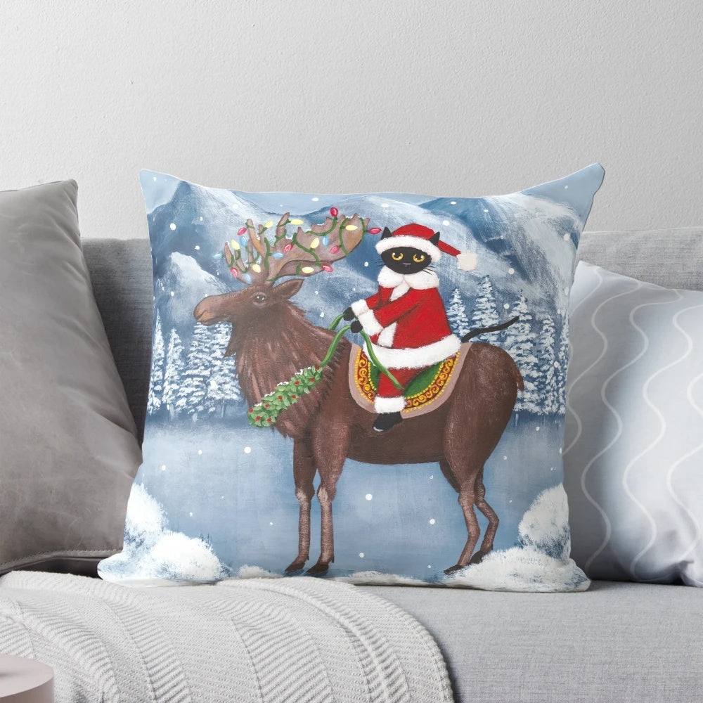 A cozy and whimsical Christmas pillow featuring a black cat and a moose in a festive holiday scene.