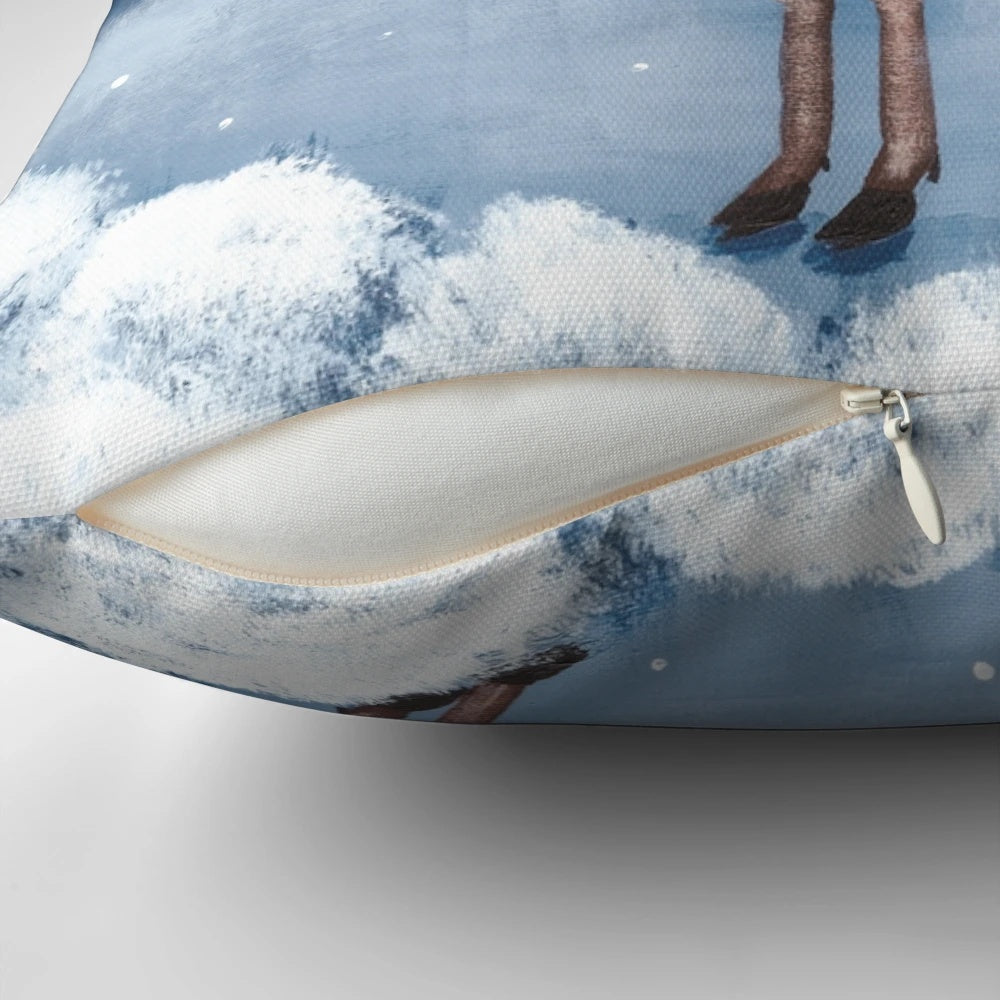 A cozy and whimsical Christmas pillow featuring a black cat and a moose in a festive holiday scene.