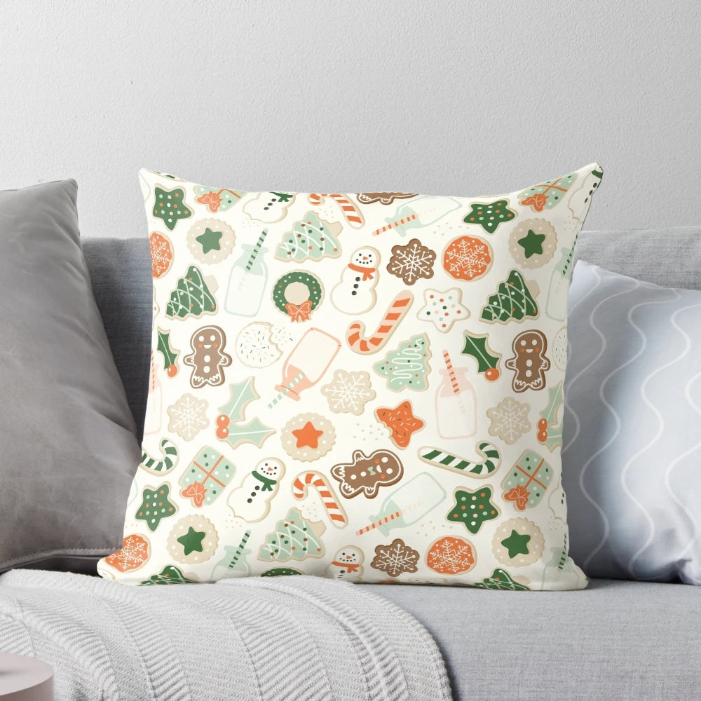 A festive Christmas cookies throw pillow featuring a colorful vector pattern of gingerbread, sprinkles, and holiday elements.