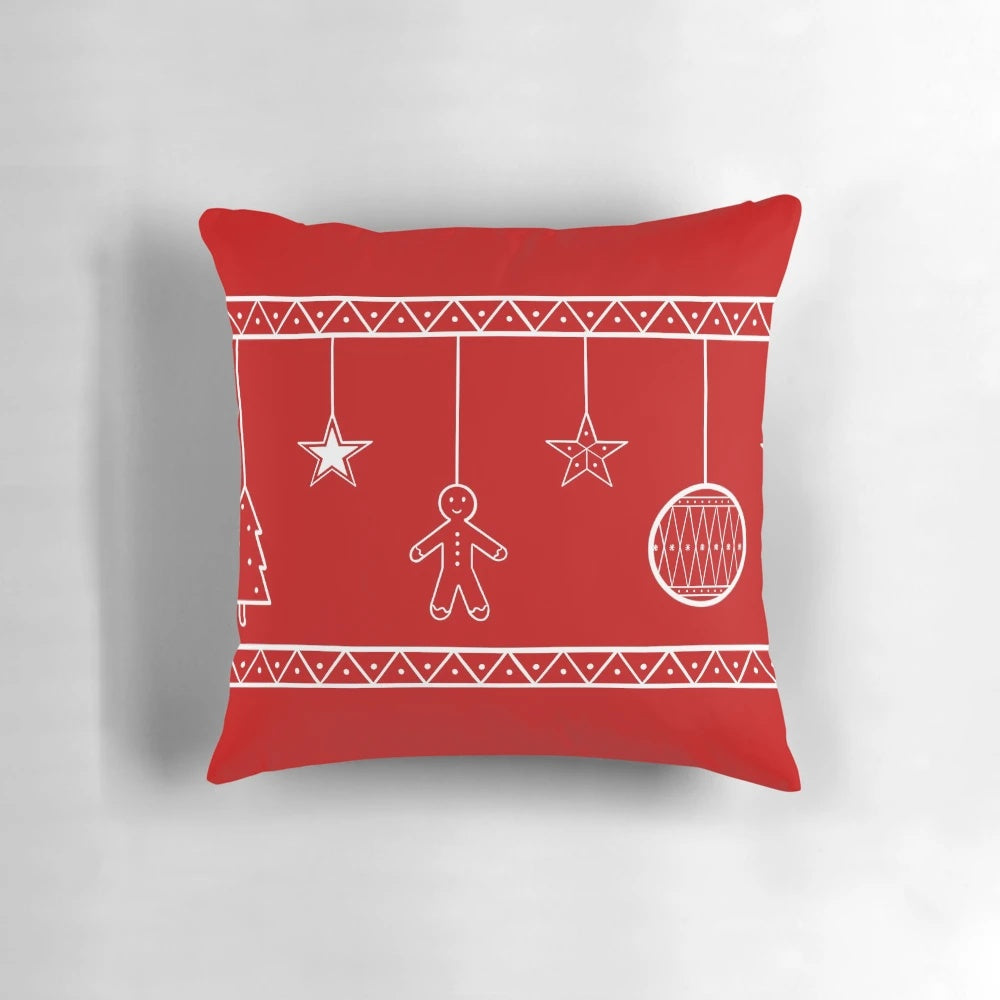 Cozy Christmas decorations pillow with red, white and gold ornaments and stars