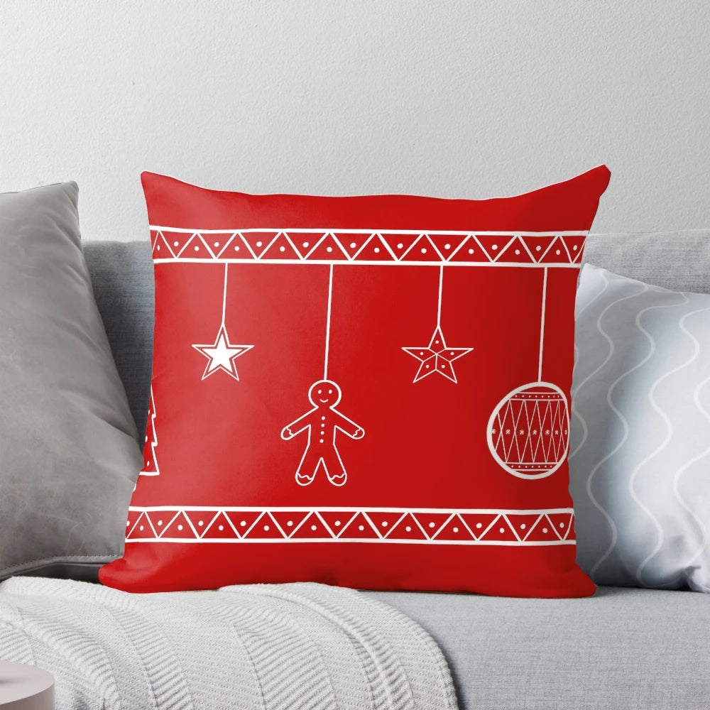 Cozy Christmas decorations pillow with red, white and gold ornaments and stars