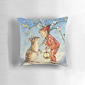 Charming Christmas pillow featuring an illustration of an elf and mouse by renowned artist Margaret Tarrant
