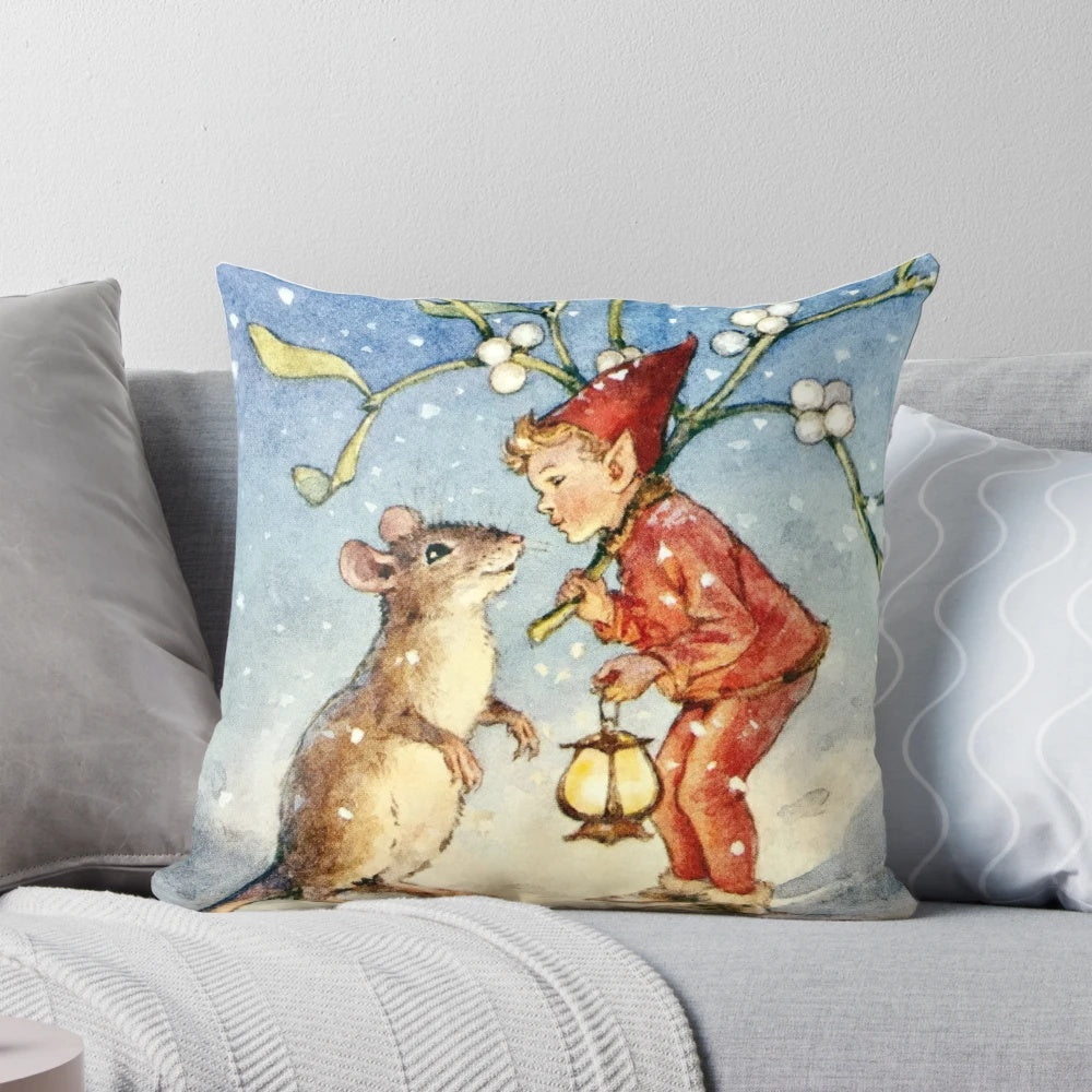 Charming Christmas pillow featuring an illustration of an elf and mouse by renowned artist Margaret Tarrant
