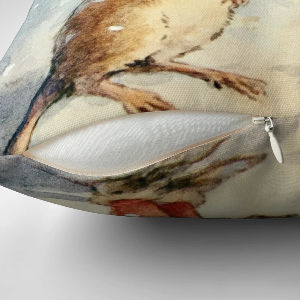 Charming Christmas pillow featuring an illustration of an elf and mouse by renowned artist Margaret Tarrant
