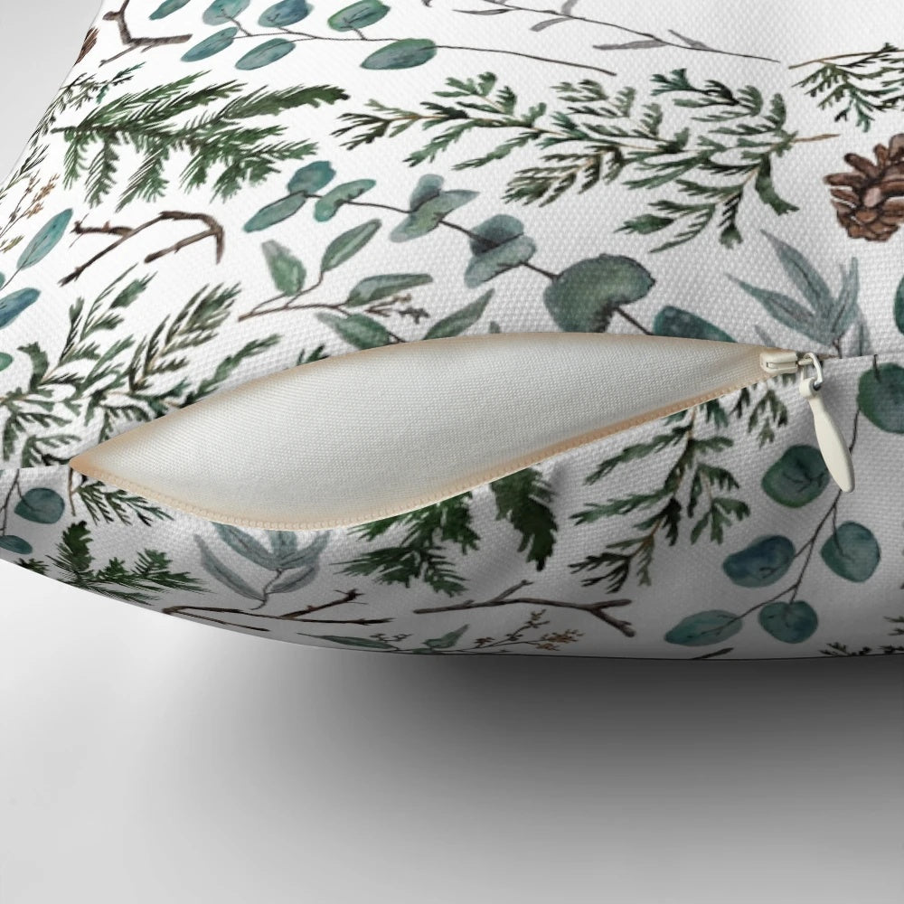 A cozy Christmas gnome pillow adorned with pine, eucalyptus, and pinecones for a festive nature-inspired look.