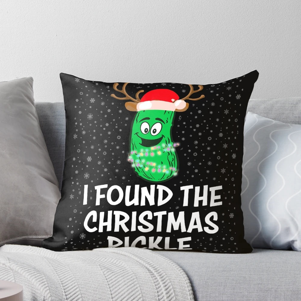 A plush, decorative pillow featuring a festive Christmas pickle design, perfect for holiday home decor.