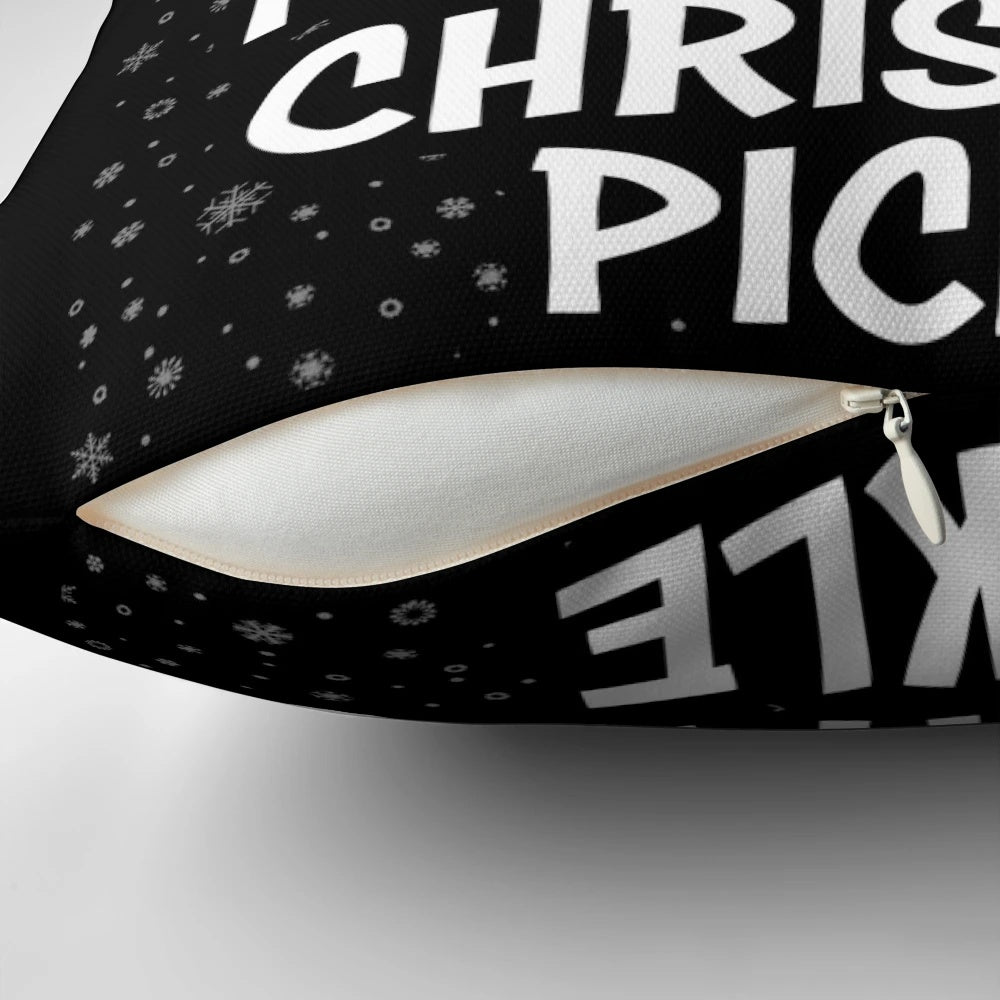 A plush, decorative pillow featuring a festive Christmas pickle design, perfect for holiday home decor.