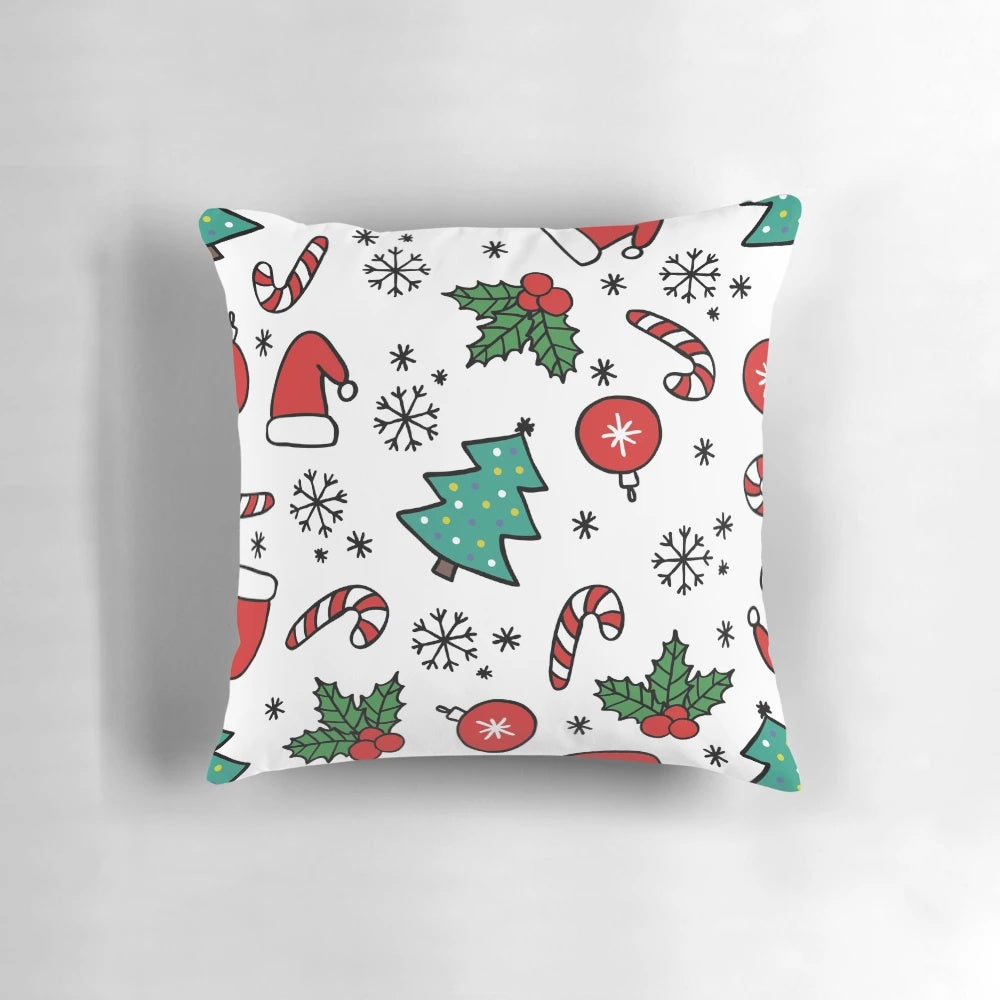 A cozy and festive Christmas pillow with a charming design featuring winter elements like snowflakes, stars, and holiday colors.