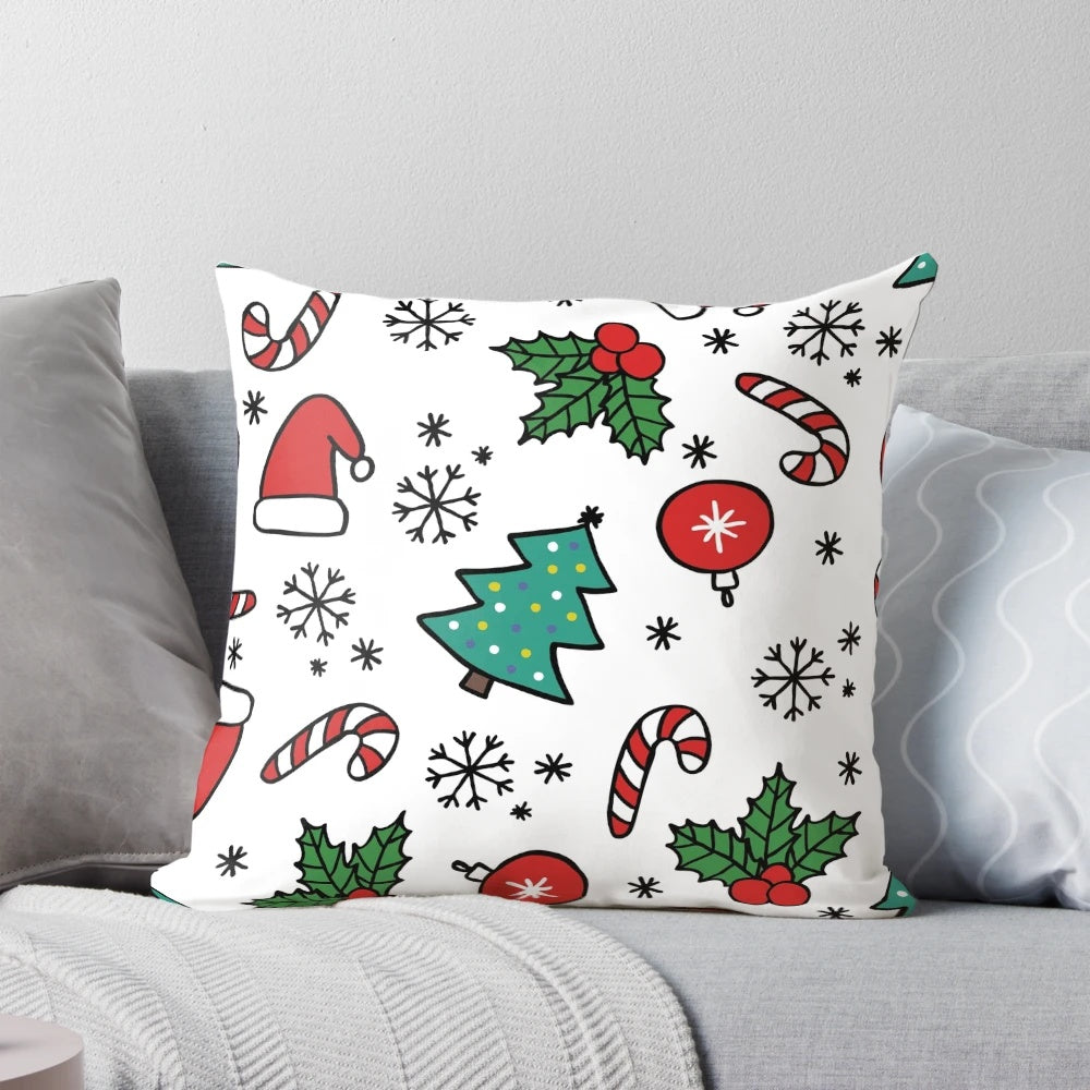 A cozy and festive Christmas pillow with a charming design featuring winter elements like snowflakes, stars, and holiday colors.