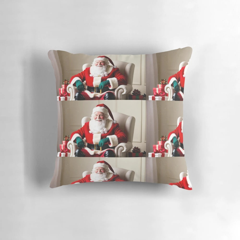 Vibrant Christmas-themed throw pillow with Santa Claus, holly, and holiday motifs