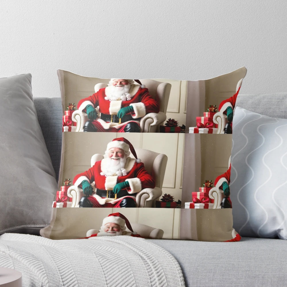 Vibrant Christmas-themed throw pillow with Santa Claus, holly, and holiday motifs