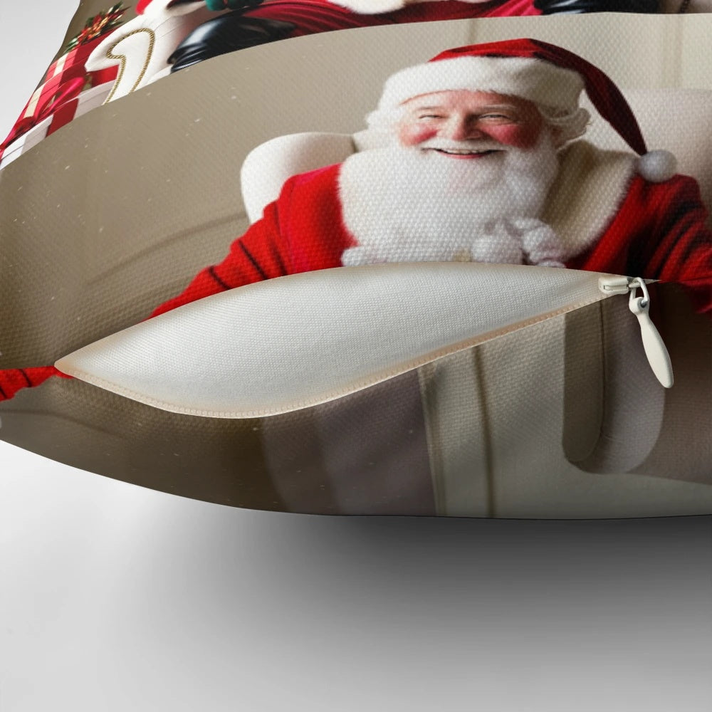 Vibrant Christmas-themed throw pillow with Santa Claus, holly, and holiday motifs