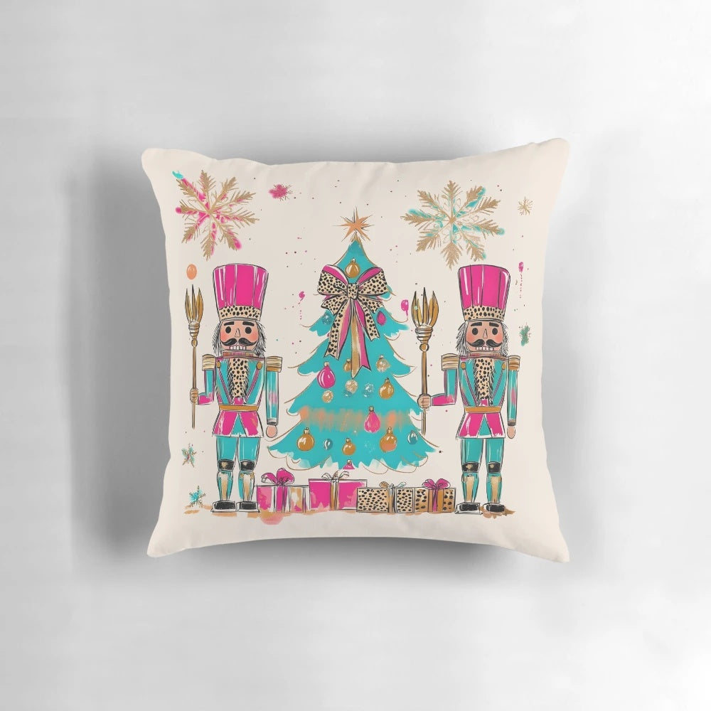 A cozy Christmas pillow featuring a nutcracker soldier and a ballerina in pink and green colors, creating a festive and whimsical holiday decoration.