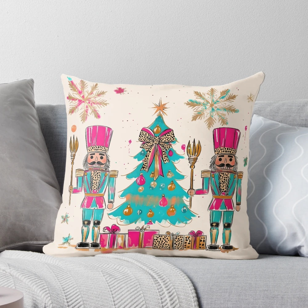 A cozy Christmas pillow featuring a nutcracker soldier and a ballerina in pink and green colors, creating a festive and whimsical holiday decoration.