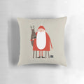 A plush Christmas pillow featuring a cartoon illustration of Santa Claus and his reindeer.