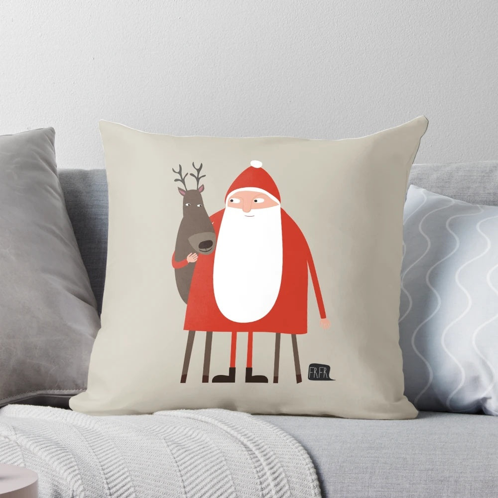 A plush Christmas pillow featuring a cartoon illustration of Santa Claus and his reindeer.