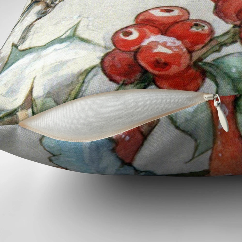 Decorative holiday pillow featuring a charming illustration of a Christmas robin and elf in a snowy woodland scene by artist Margaret Tarrant.