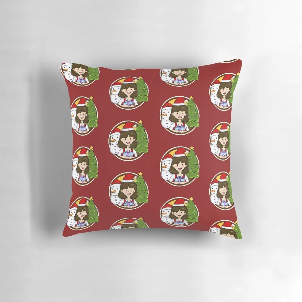 Colorful Christmas pillow with a snowman and Christmas tree design