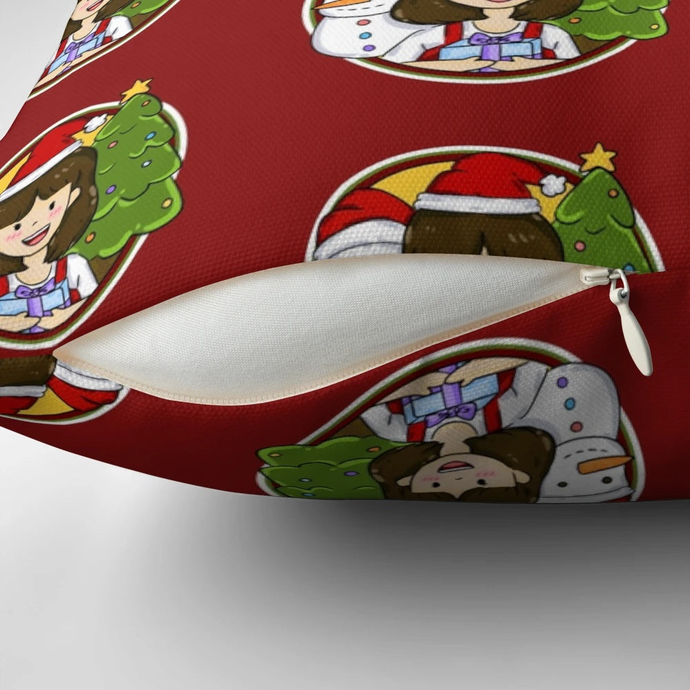 Colorful Christmas pillow with a snowman and Christmas tree design
