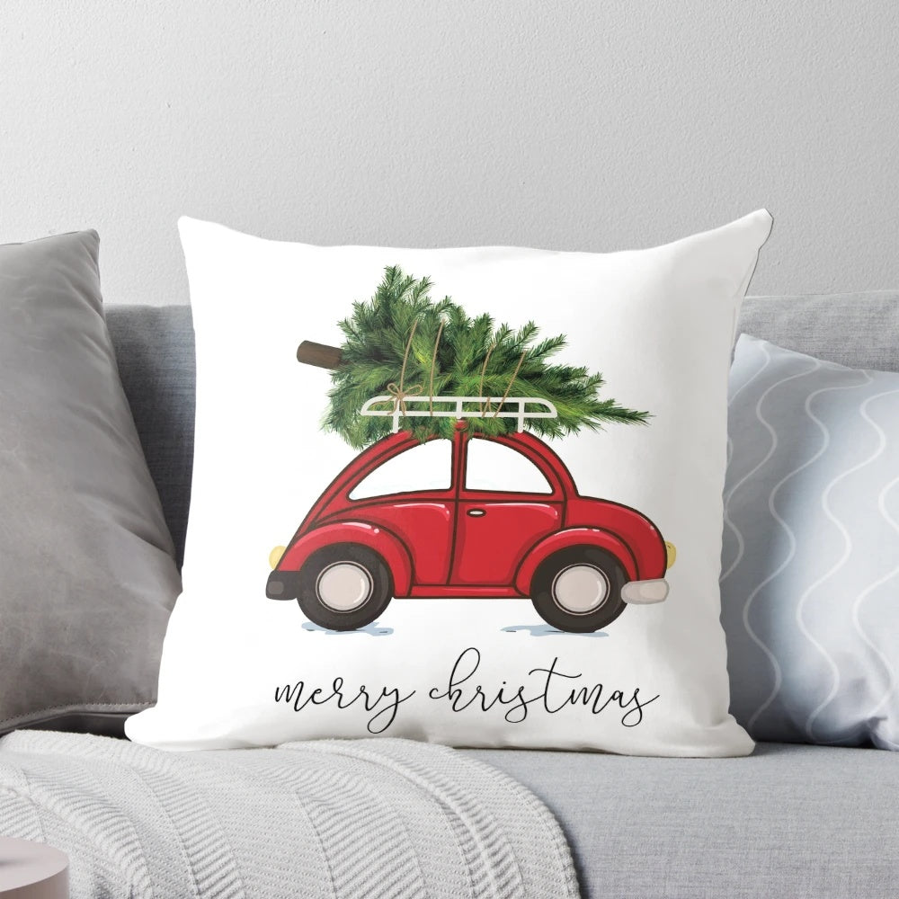A cozy Christmas tree pillow set against a red car, creating a charming holiday scene.