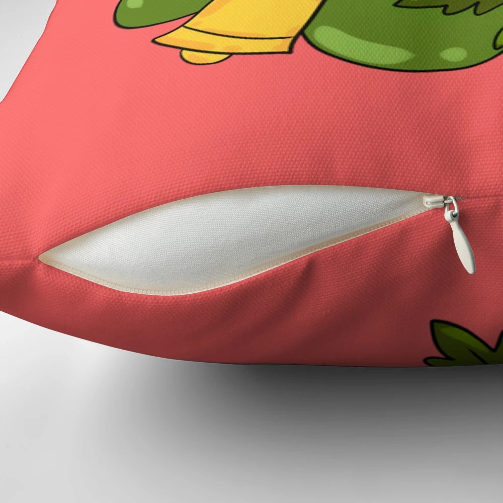 A cozy Christmas wreath pillow with green, red, bells, and candy decorations.