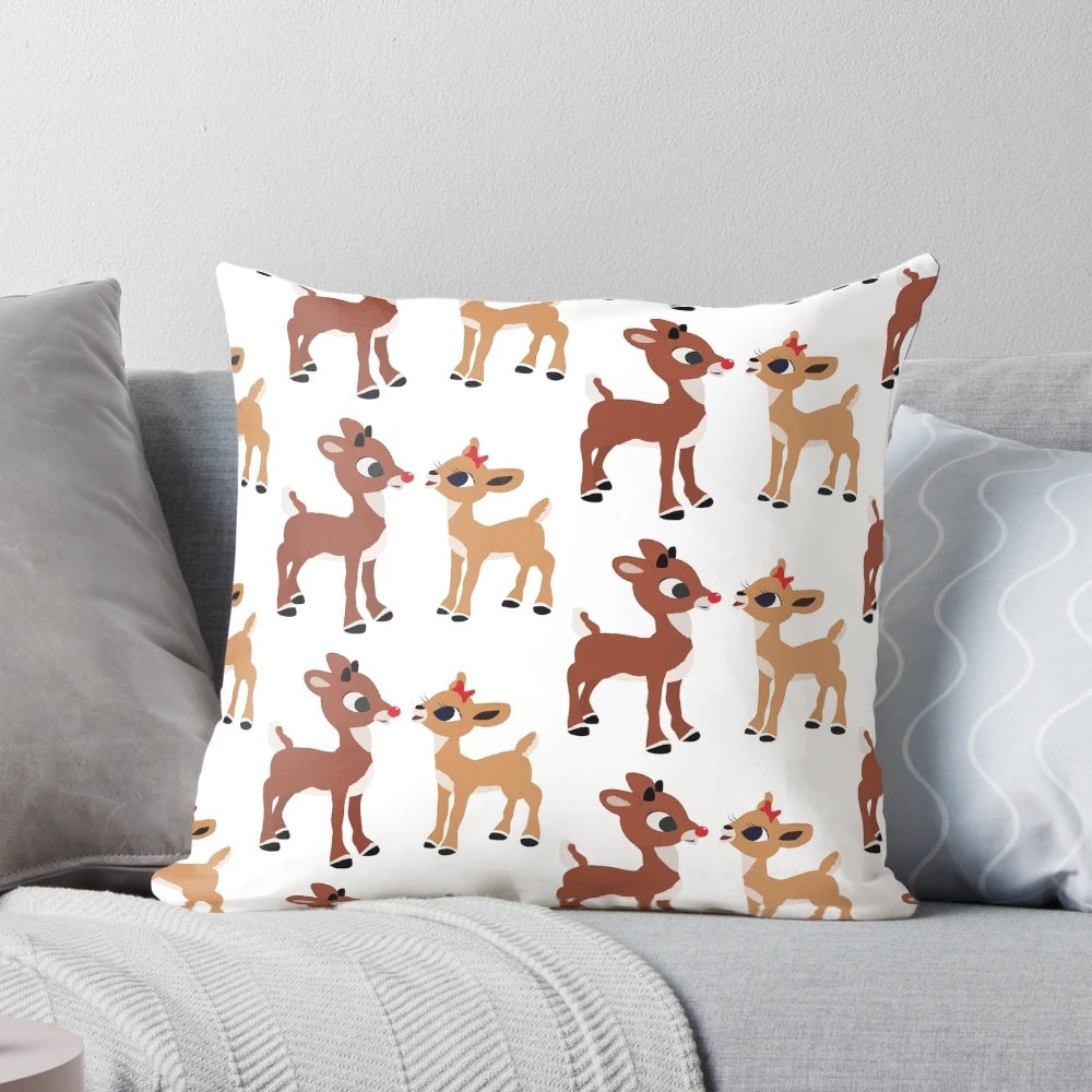 A festive classic Rudolph and Clarice pillow featuring a hand-drawn design in a Nordic, Scandinavian style.