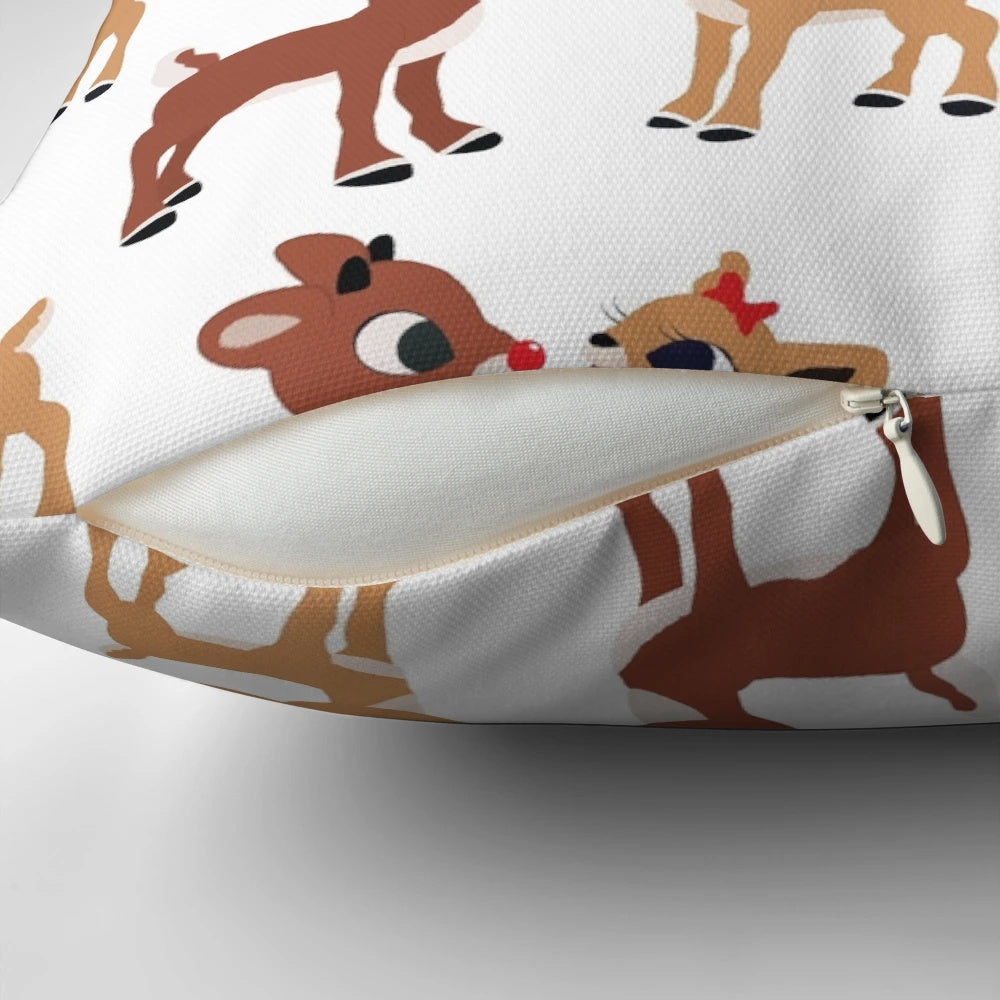 A festive classic Rudolph and Clarice pillow featuring a hand-drawn design in a Nordic, Scandinavian style.
