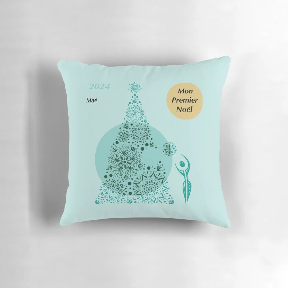 Vibrant, colorful gradient throw pillow featuring a Christmas tree design, perfect for celebrating a child's first Christmas.
