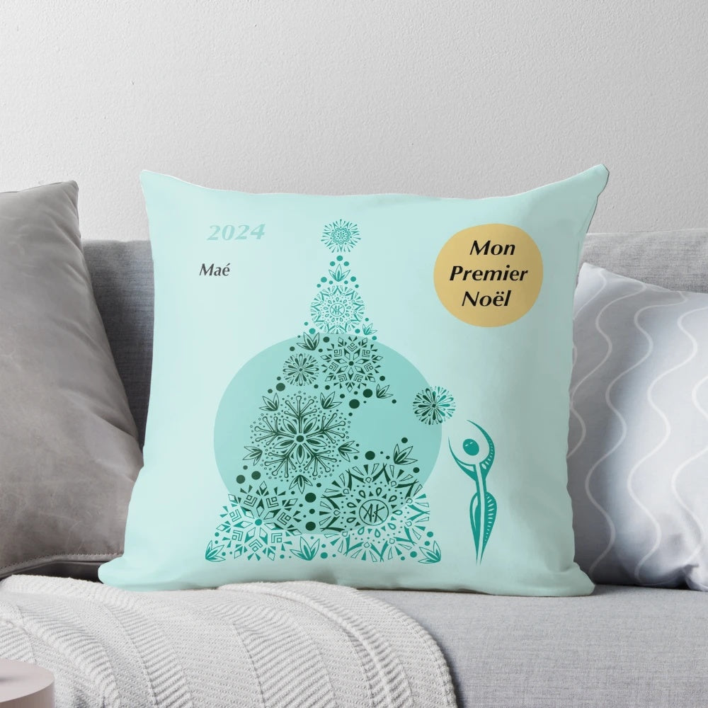 Vibrant, colorful gradient throw pillow featuring a Christmas tree design, perfect for celebrating a child's first Christmas.