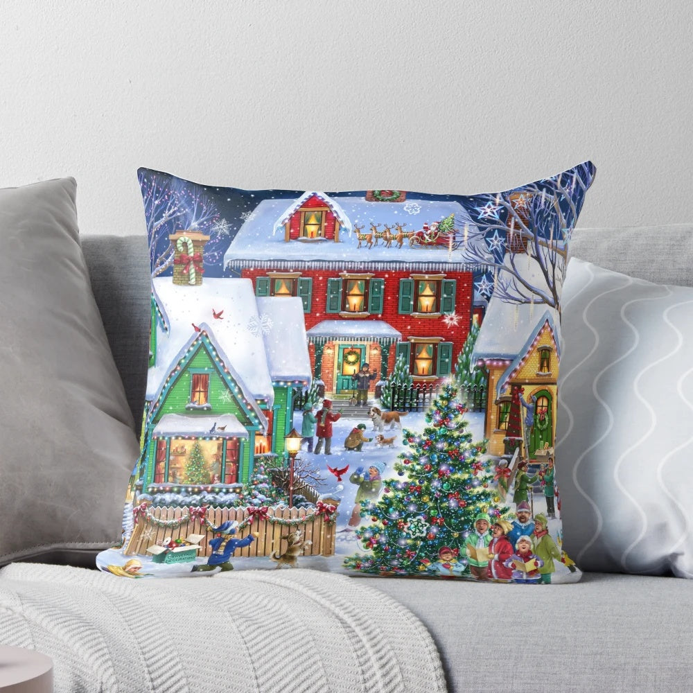 Colorful winter houses with snow and Christmas lights, featuring a whimsical holiday scene on a decorative throw pillow.
