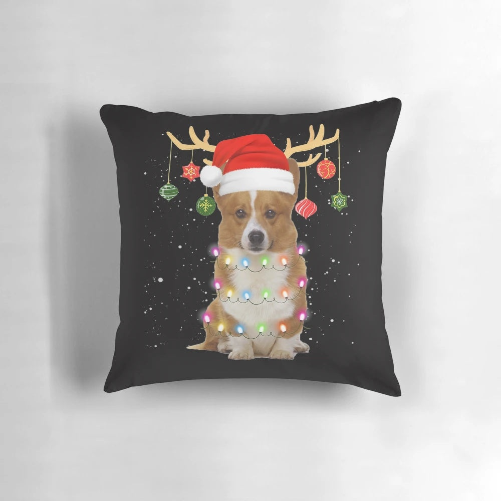 A cozy holiday pillow featuring a cute corgi dog wearing a Santa hat and surrounded by Christmas lights.