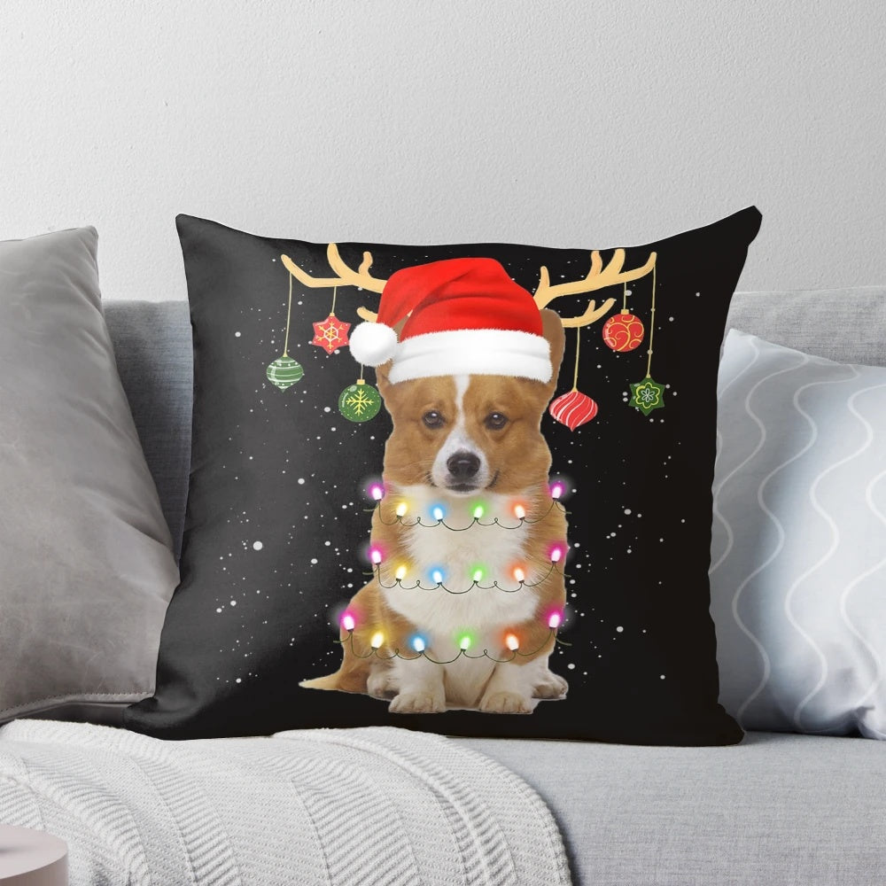 A cozy holiday pillow featuring a cute corgi dog wearing a Santa hat and surrounded by Christmas lights.