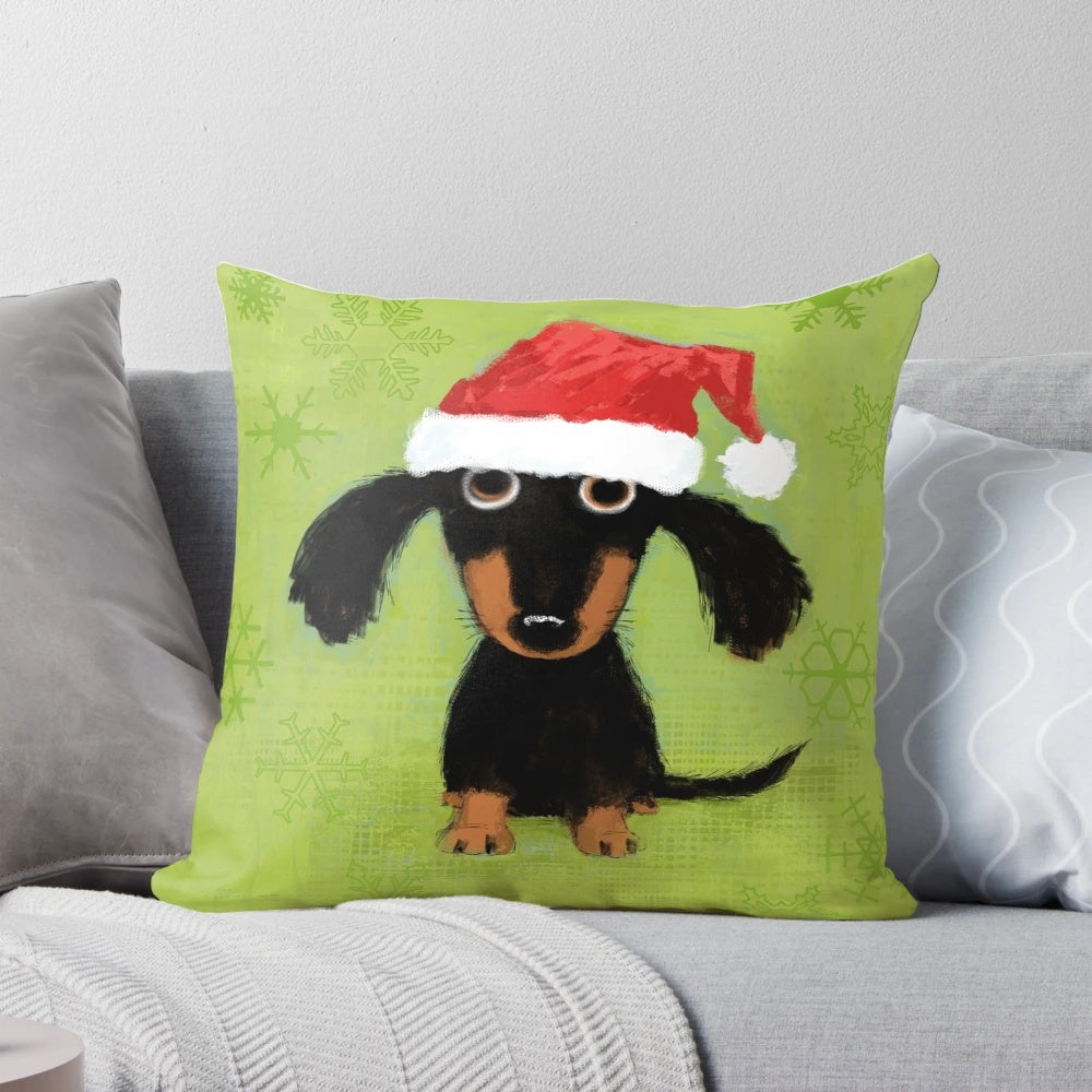 Cozy Christmas pillow featuring a dachshund dog dressed as Santa Claus