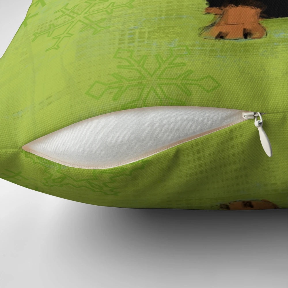Cozy Christmas pillow featuring a dachshund dog dressed as Santa Claus
