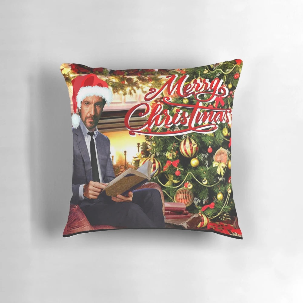 A festive Die Hard-themed Christmas pillow with an image of Hans Gruber, the iconic villain from the movie.
