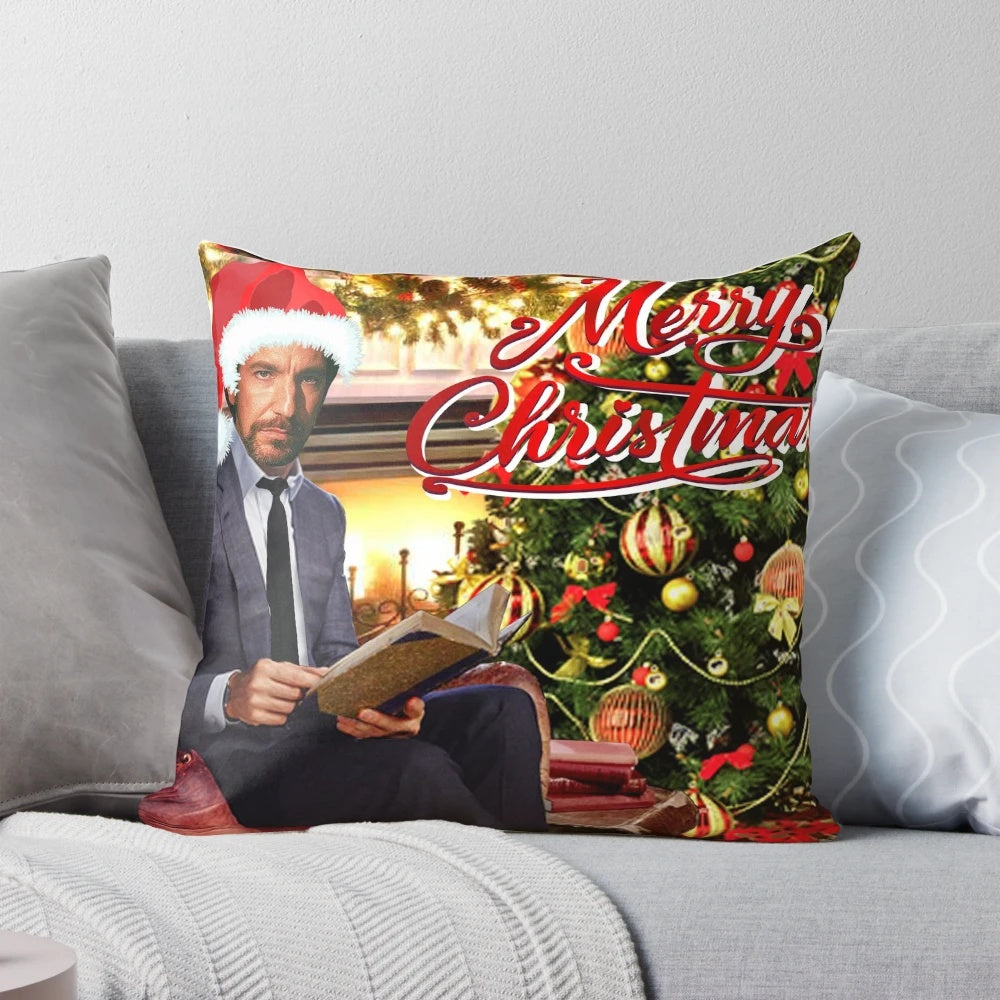 A festive Die Hard-themed Christmas pillow with an image of Hans Gruber, the iconic villain from the movie.