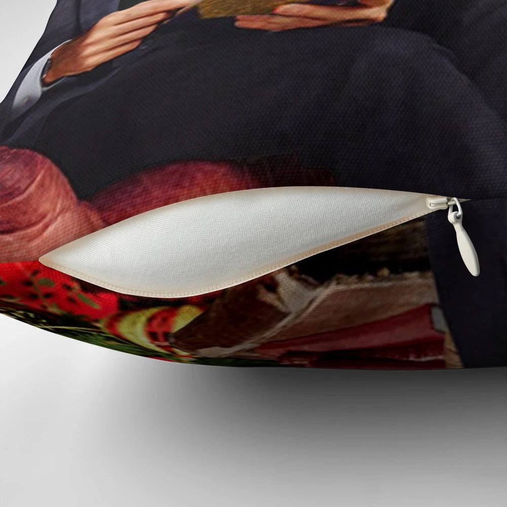 A festive Die Hard-themed Christmas pillow with an image of Hans Gruber, the iconic villain from the movie.