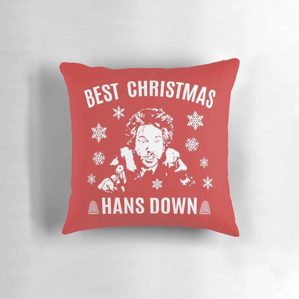Die Hard-themed pillow featuring Hans Gruber and "Yippee Ki Yay" quote