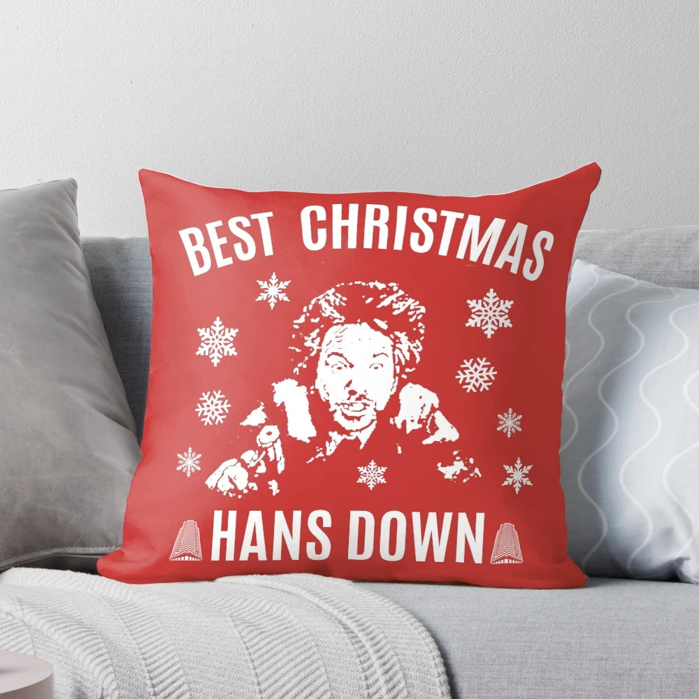 Die Hard-themed pillow featuring Hans Gruber and "Yippee Ki Yay" quote