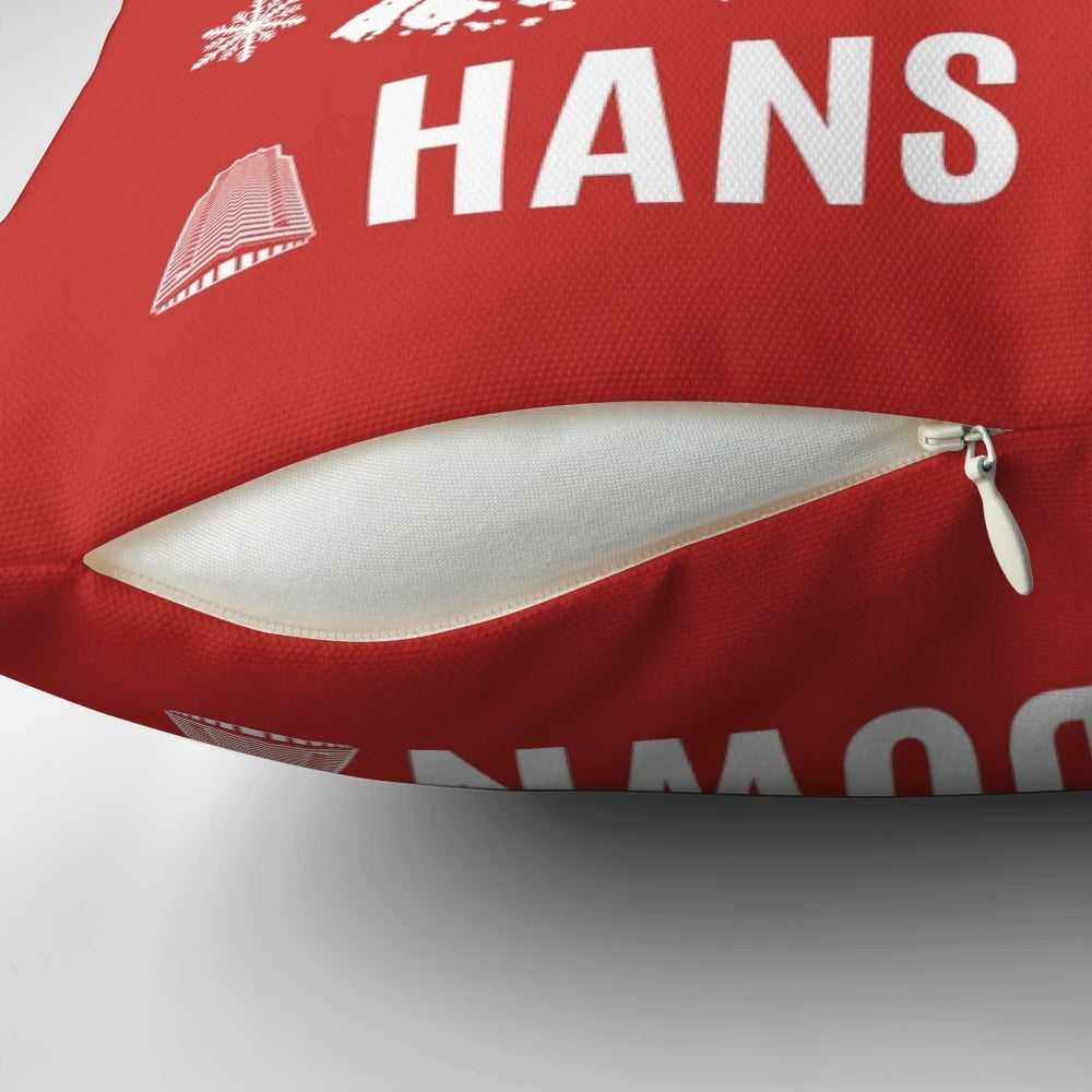 Die Hard-themed pillow featuring Hans Gruber and "Yippee Ki Yay" quote
