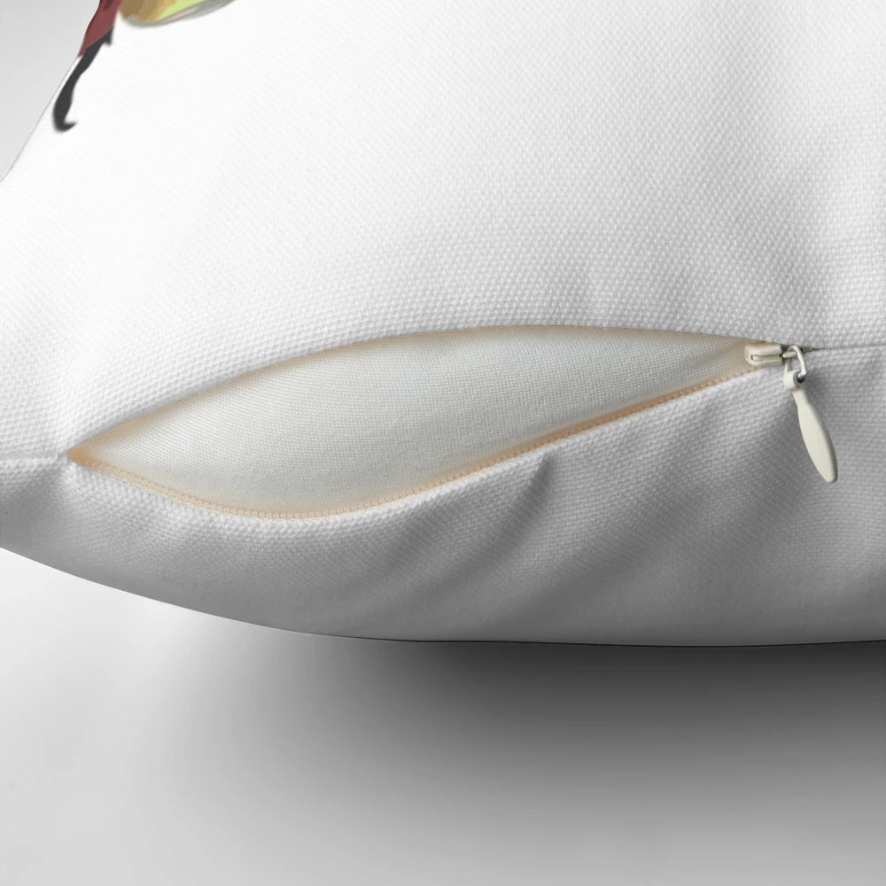 A digital painting of three cute Christmas beetles on a decorative throw pillow.