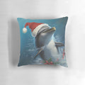 Vibrant pillow featuring a dolphin wearing a Santa hat and surrounded by Christmas decorations