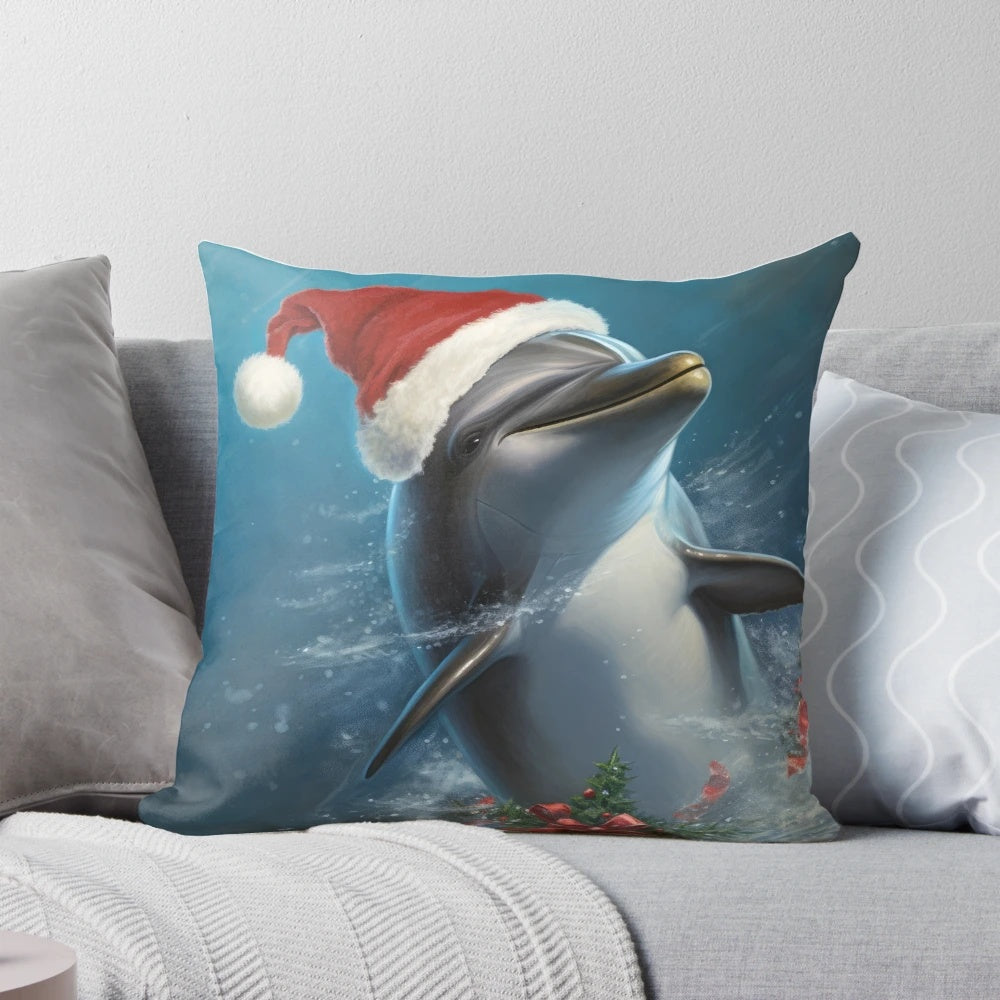 Vibrant pillow featuring a dolphin wearing a Santa hat and surrounded by Christmas decorations