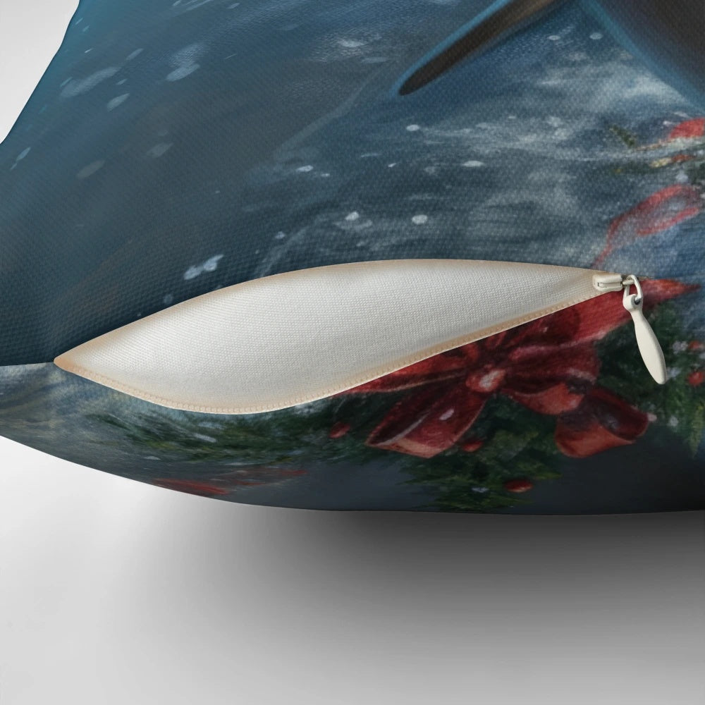 Vibrant pillow featuring a dolphin wearing a Santa hat and surrounded by Christmas decorations