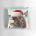 A cozy Christmas pillow featuring an illustrated echidna wearing a Santa hat, surrounded by eucalyptus leaves and a festive holiday design.
