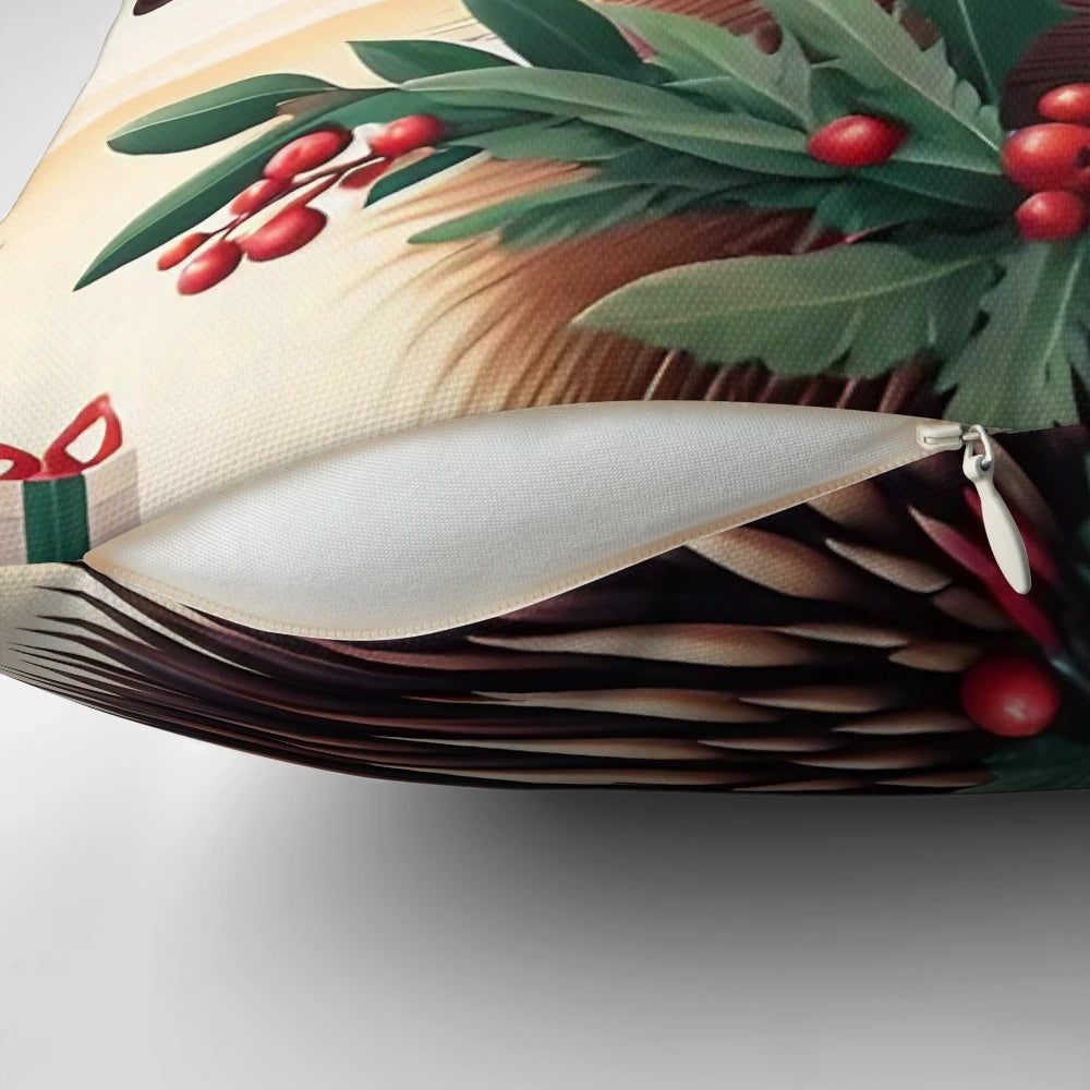 A cozy Christmas pillow featuring an illustrated echidna wearing a Santa hat, surrounded by eucalyptus leaves and a festive holiday design.