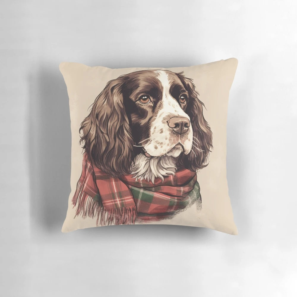 A watercolor illustration of an English Springer Spaniel dog wearing a Santa hat, set against a Christmas plaid background.